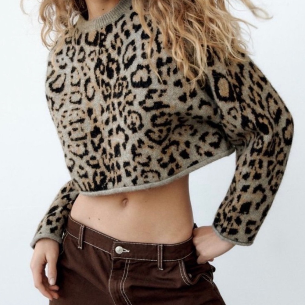 EUC Zara Leopard Print Cropped Sweater - Size Medium